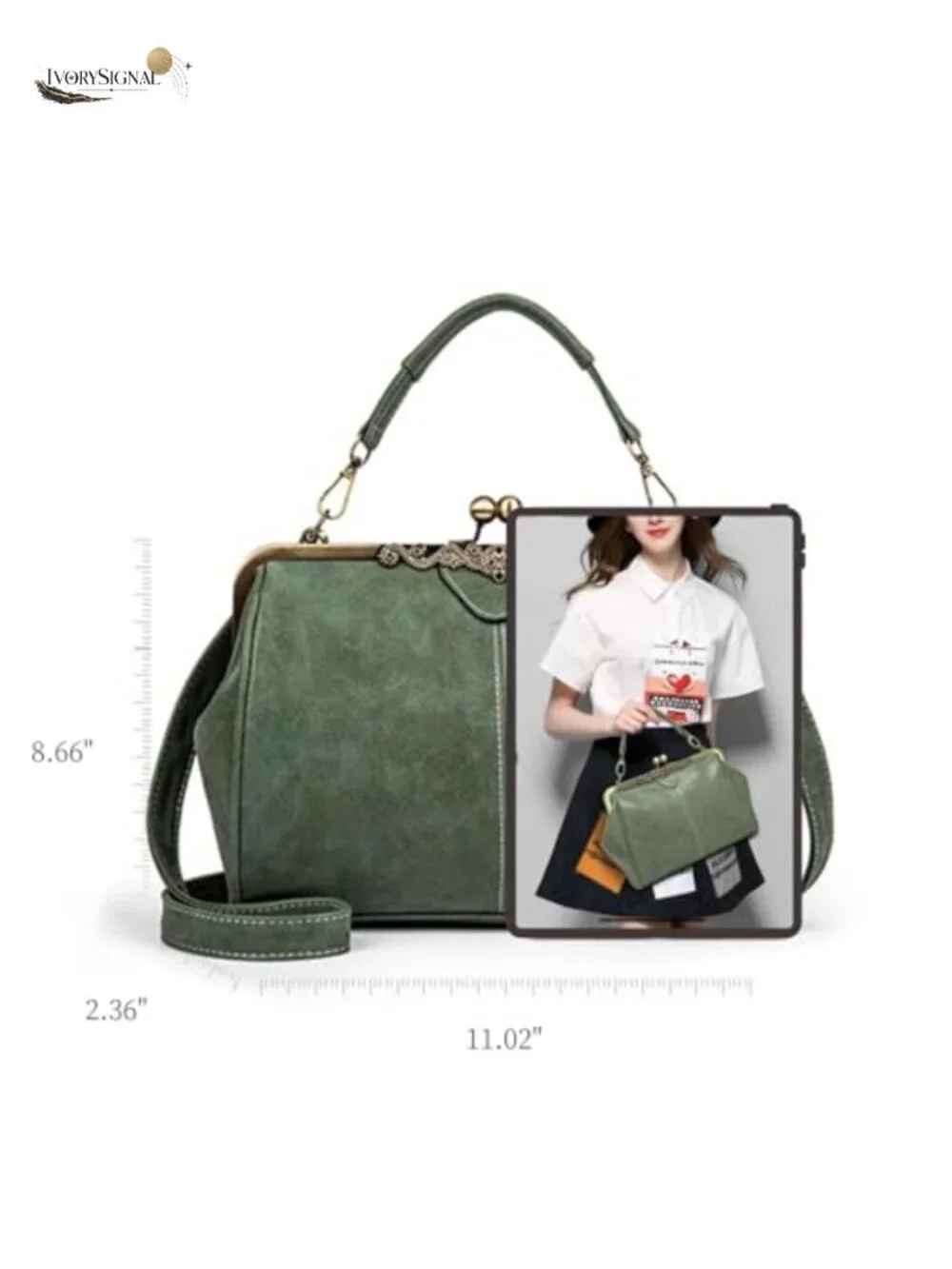 Vegan Leather Satchel Handbag with Kiss Lock Top Handle Removable Crossbody